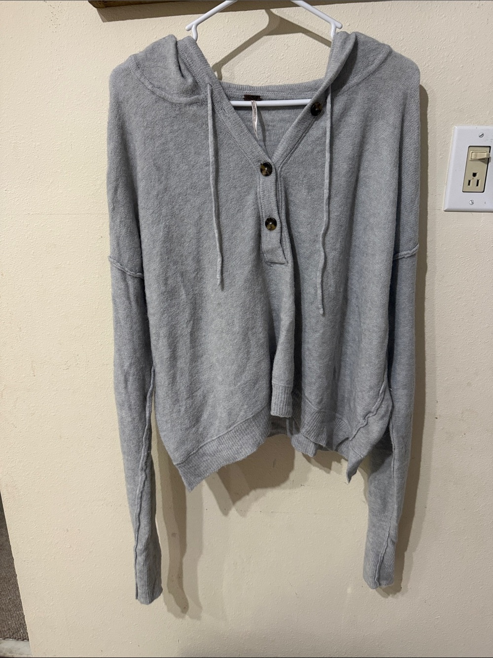 Free People Light Gray Hooded Quarter Button-Up Pullover